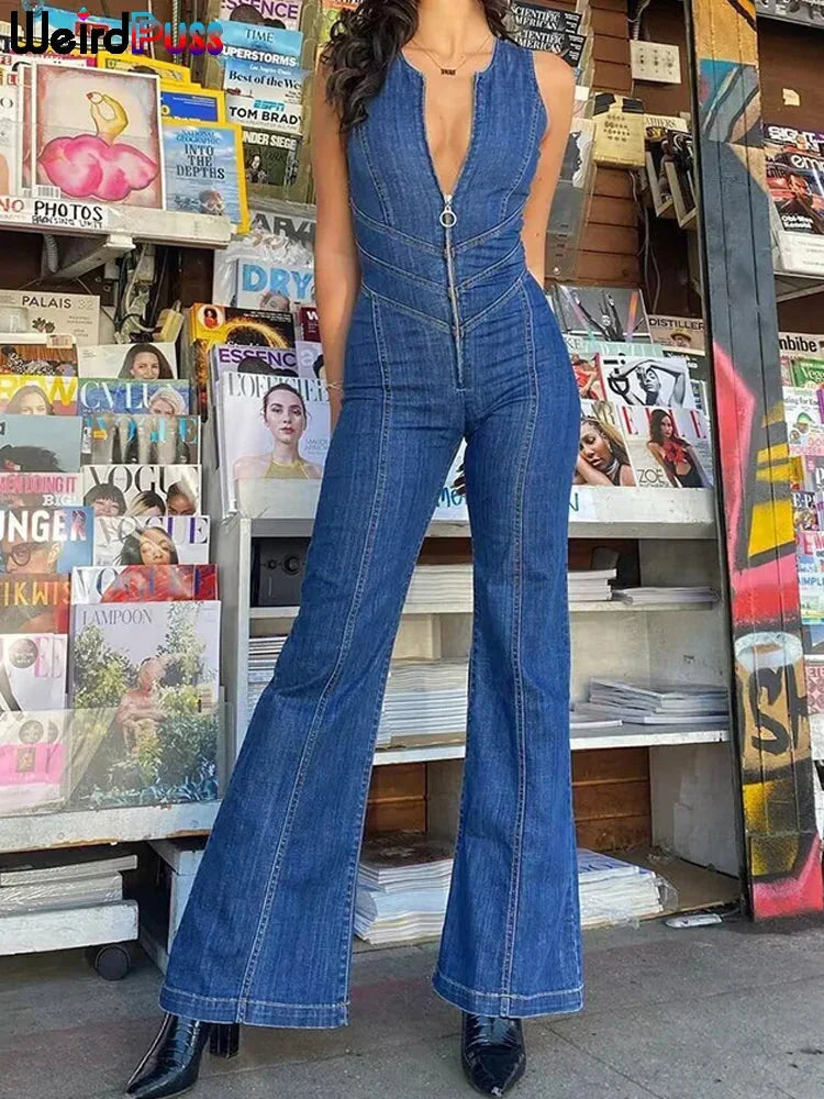 Sleeveless blue denim jumpsuit with zipper, crafted in soft denim fabric for casual chic outfit with modern design.