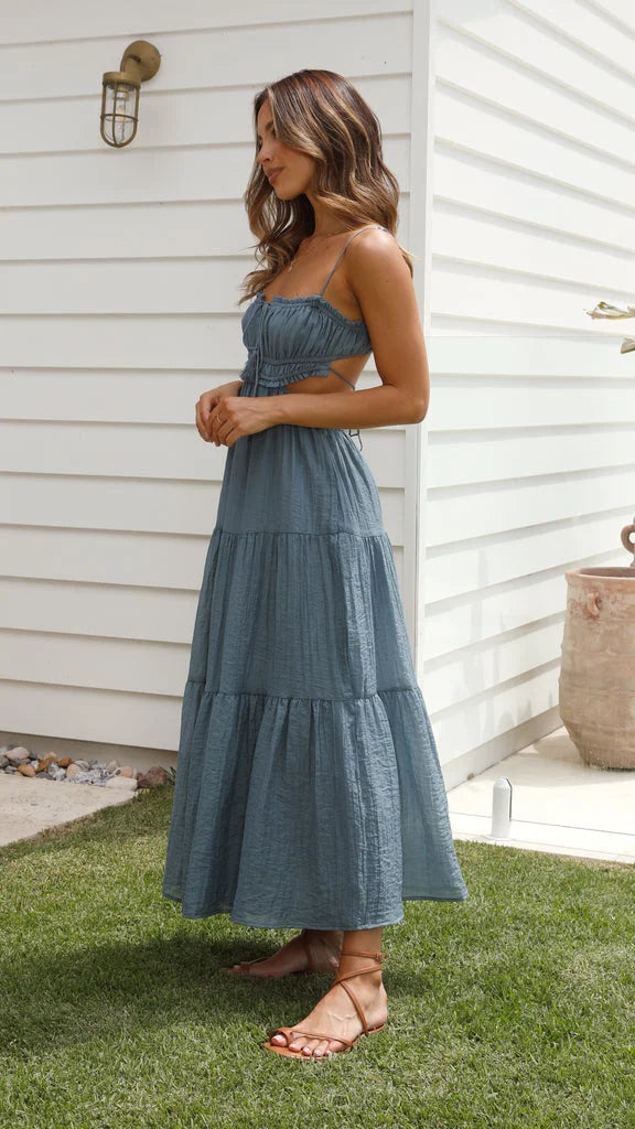"Women's tiered drawstring maxi dress in soft cotton blend with bohemian ruffles and versatile design."