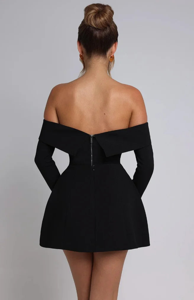 "Rosabelle off-shoulder skater dress with long sleeves in soft, breathable fabric. Flattering fit and elegant design for…