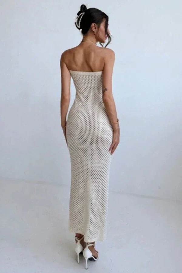 "Strapless cream crochet maxi dress with intricate lace details and flowing silhouette by Roseline"