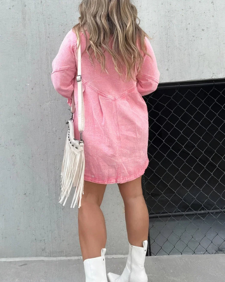 Rosemarie - Mini shirt dress with button closure in soft cotton fabric. Features collar, short sleeves, and relaxed fit.