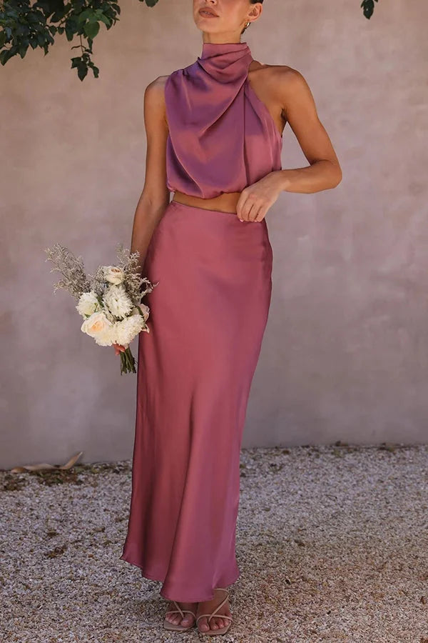 Satin skirt and top set with flowing design in Ruthann collection.