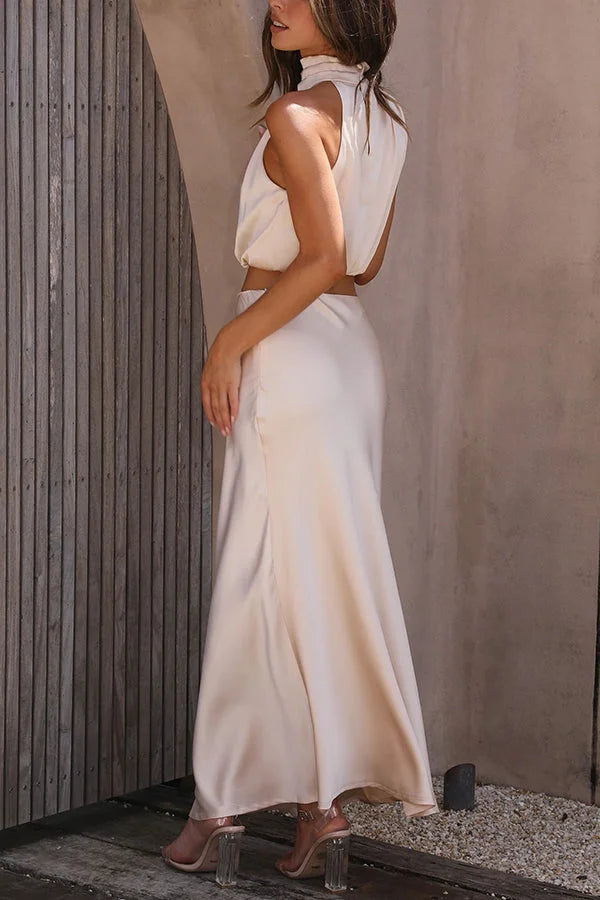 "Ruthann satin skirt and top set: flowing design with satin material, perfect for a elegant look."
