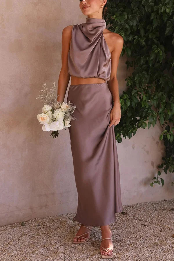 Mocha satin skirt and top set with flowing design, perfect for a classy and elegant look.