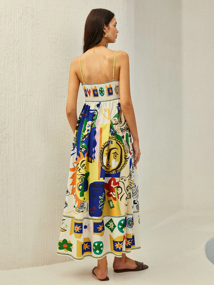 "Rylin midi dress in colorful print with cami straps, ideal for a fun and trendy outfit, made of lightweight and breathable…
