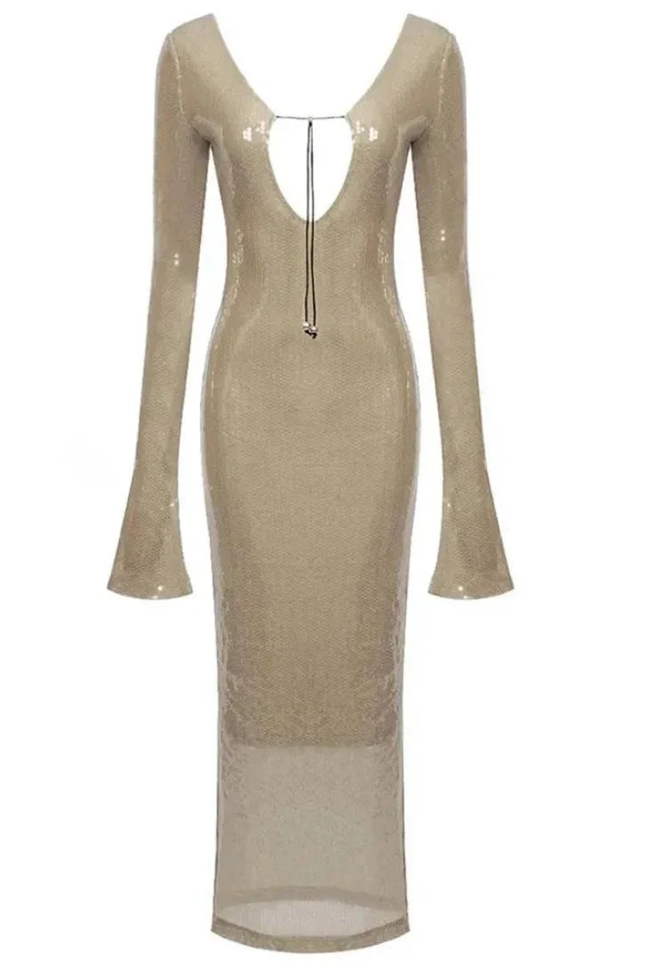 Beige sequined dress with long sleeves, deep V-neck, perfect for special occasions.