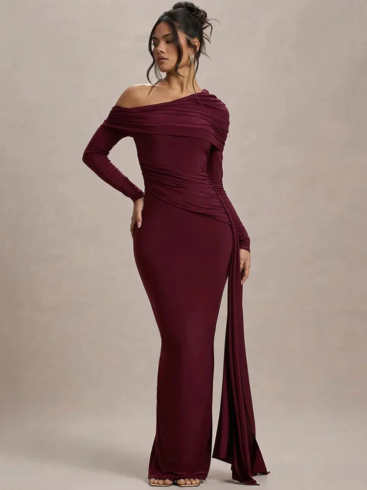 "Off-shoulder draped Saffron top with elegant design, made of high-quality fabric."
