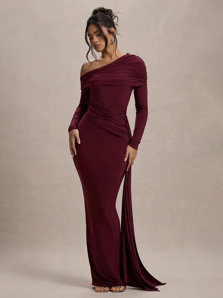 "Burgundy off-shoulder dress with elegant draped design in rich saffron color"