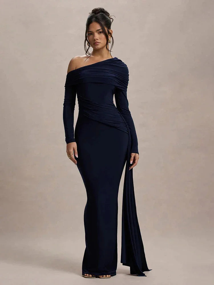 Navy Blue off-shoulder Saffron top with elegant draped design, showcasing a sleek and stylish look.