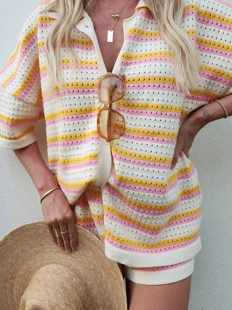 Striped tie-front shirt and shorts ensemble in a casual style with a breathable and comfortable material perfect for a…