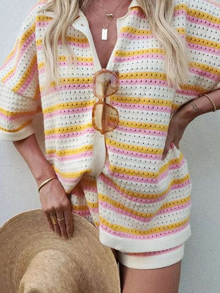 Striped tie-front shirt and shorts ensemble in a casual style with a breathable and comfortable material perfect for a…