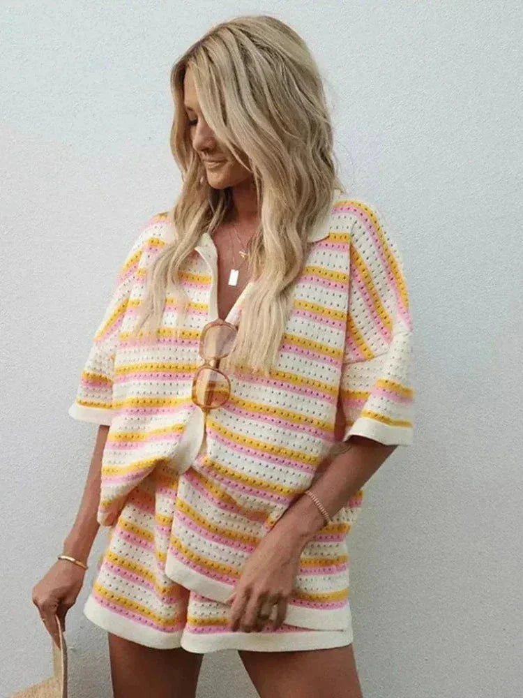 "Orangepink striped tie-front shirt and shorts set with a summer-ready design."