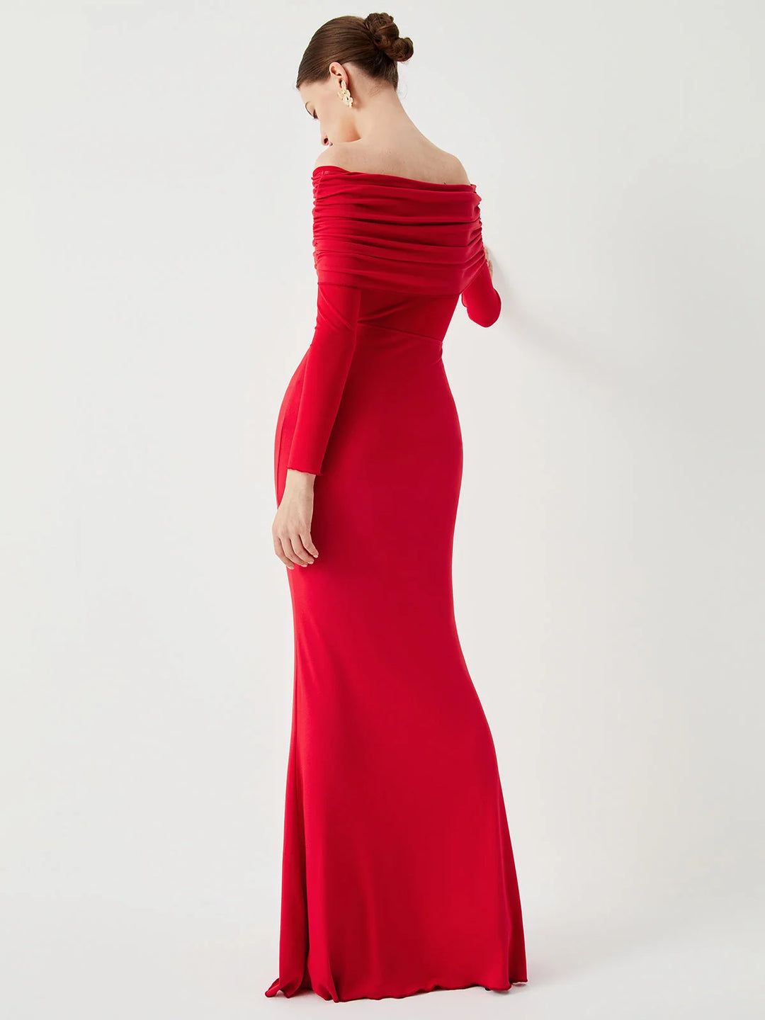 Off-shoulder mesh sleeve fitted dress in black, showcasing a sleek, stylish design with a flattering silhouette.