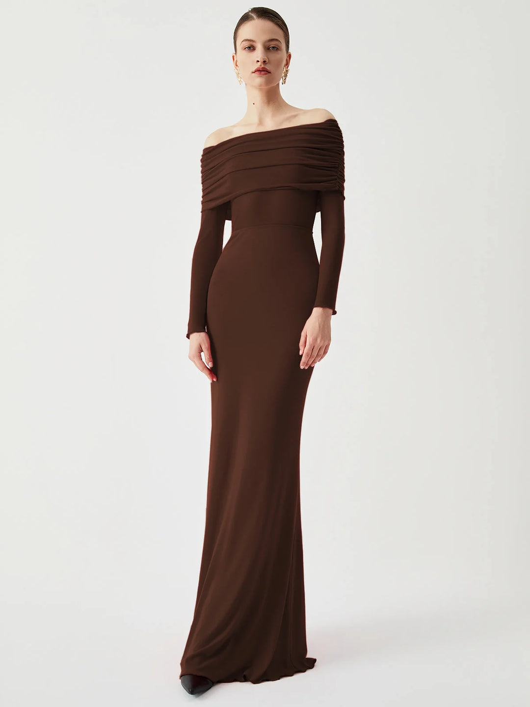 Dark brown off-shoulder mesh sleeve dress, sleek and fitted design, perfect for a stylish and chic look in a classy event or…