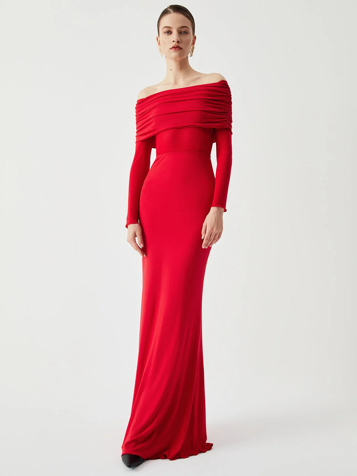 "Red off-shoulder mesh sleeve dress in fitted style, showcasing elegant design with a trendy touch."