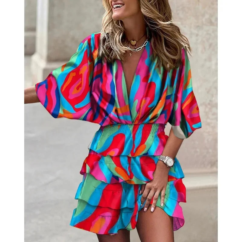 Seanna mini dress: Colorful tiered design, abstract pattern, perfect for sunny days.