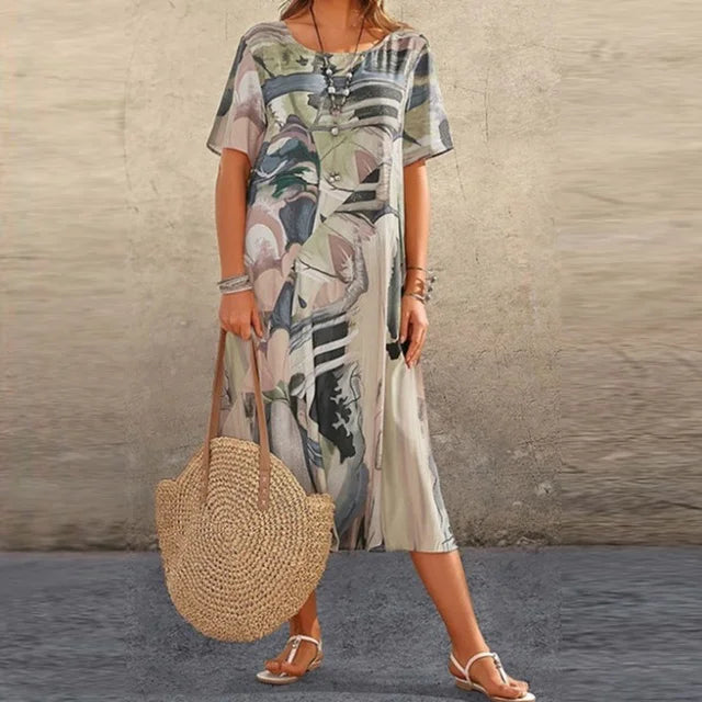 "Grey knee-length modesty dress with loose fit design, made from soft, breathable fabric for stylish comfort."