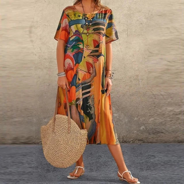 "Orange knee-length modesty dress with a loose fit design. Made from lightweight and breathable fabric, perfect for everyday…