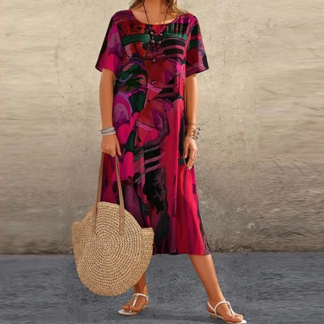 "Red knee-length modesty dress with loose fit design, made of breathable fabric for all-day comfort."
