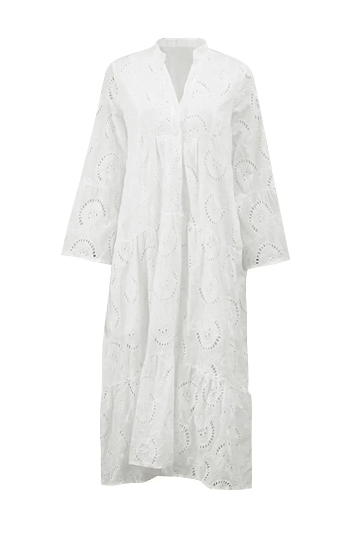 "Shanvi women's eyelet lace dress in breathable fabric, perfect for summer days with detailed lace design."