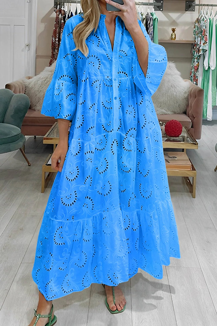 "Blue eyelet lace dress by Shanvi for women, made of breathable fabric with intricate detailing."