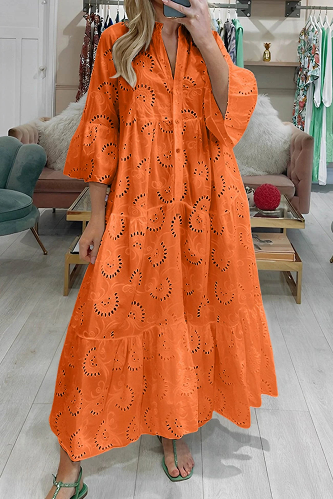"Orange eyelet lace dress for women with breathable fabric, elegant design, perfect for a casual chic look."