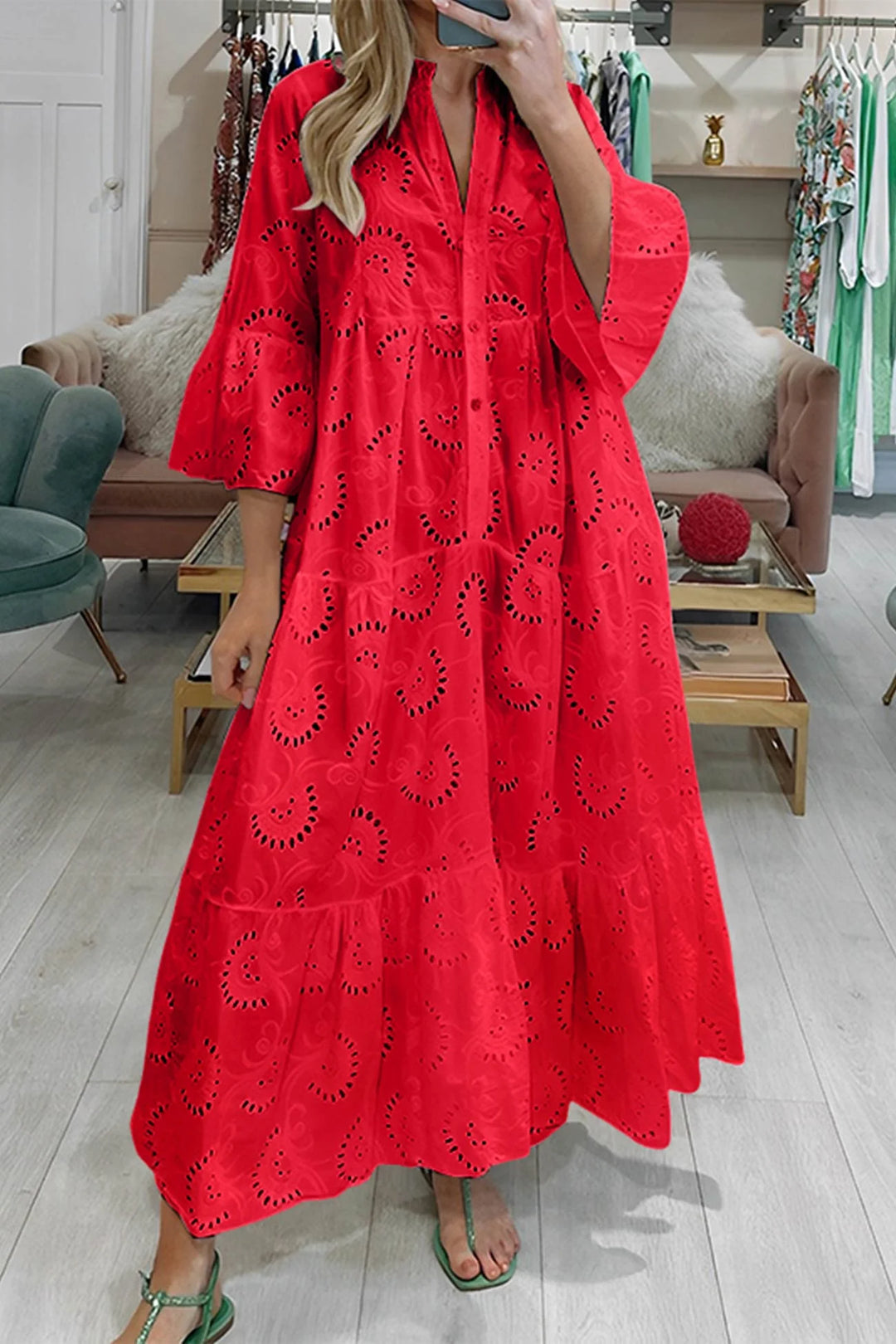 "Red eyelet lace dress for women, featuring breathable fabric and elegant design"