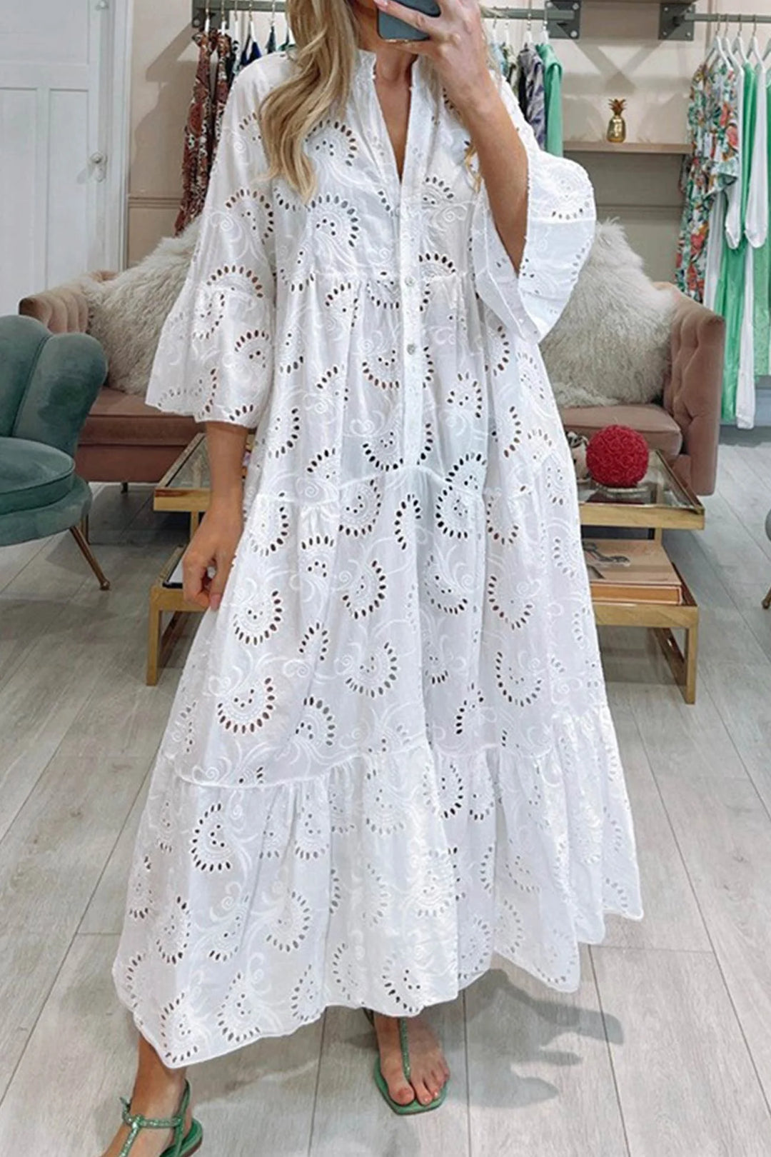 White eyelet lace dress for women by Shanvi. Features a breathable and lightweight design perfect for a casual summer outfit.