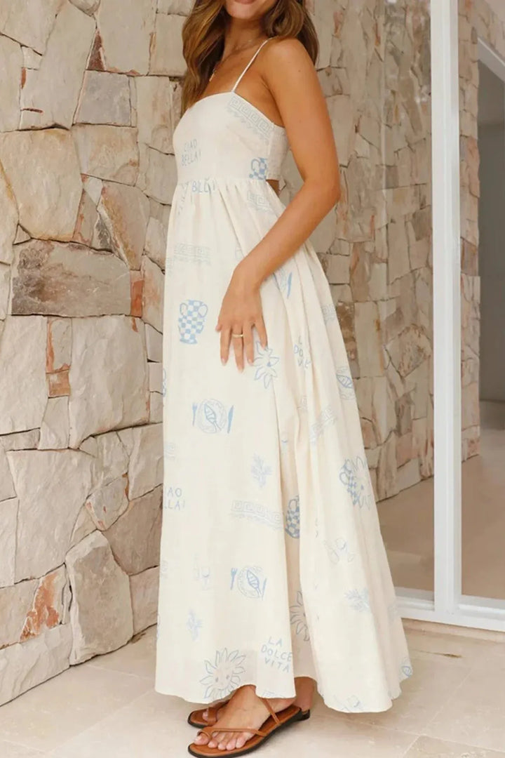 White sleeveless maxi dress adorned with floral print, adjustable spaghetti straps, and flowy silhouette for a chic summer…
