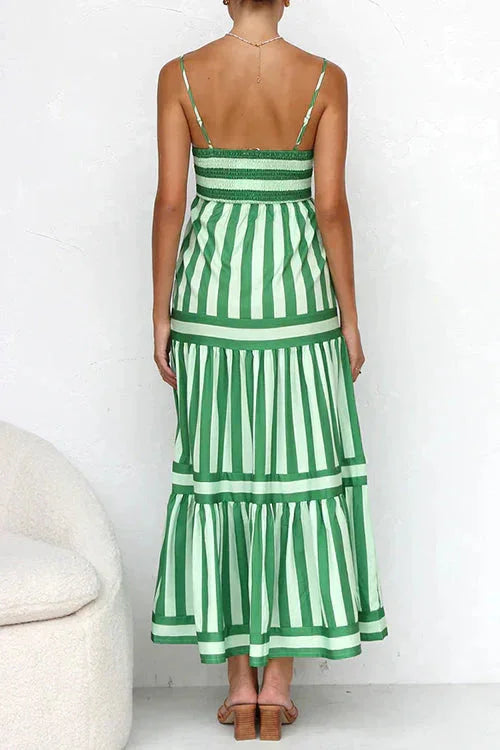 "Silvia tiered maxi dress with strappy top, made of flowy fabric, perfect for a boho chic look."