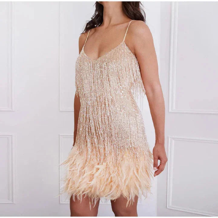 Pinkgold Skyla cocktail dress featuring sparkling fringe and modern cut design.