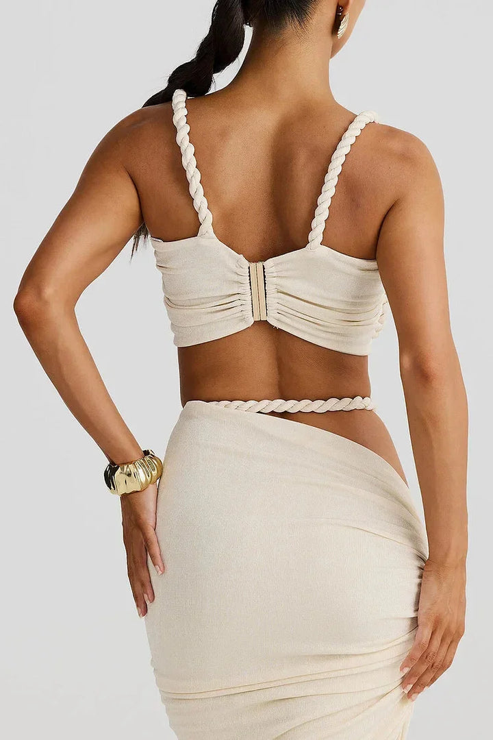 Cream maxi skirt with side ruching for women by Starr. Made from soft, flowy fabric. Elegant design suitable for various…
