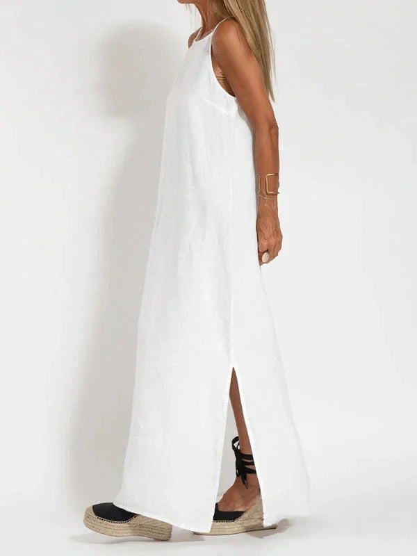 "Sleeveless maxi dress in flowing silhouette with V-neckline and striped pattern in cotton blend fabric"