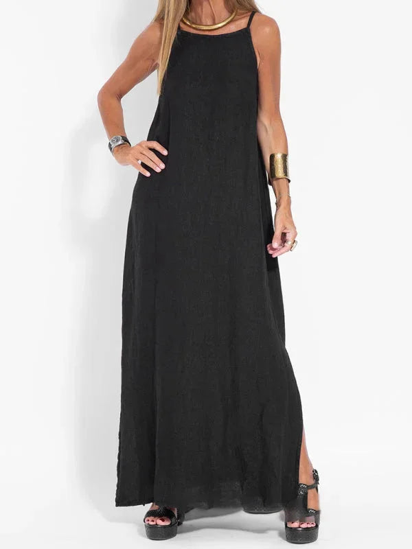 "Susan black sleeveless maxi dress with a loose flowing silhouette, perfect for casual elegance."