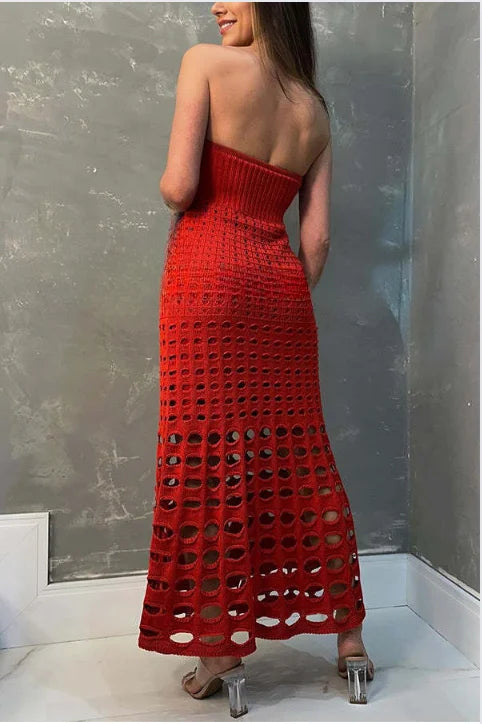 Off shoulder open knit maxi dress with a breezy design, perfect for summer days.
