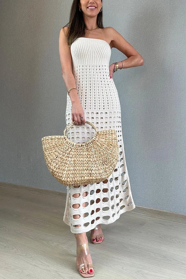 Apricot open knit maxi dress with off-shoulder design, perfect for summer outings with its light and breezy fabric.