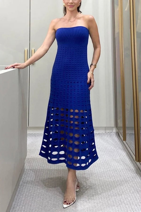 Blue open knit maxi dress with off-shoulder design, perfect for a breezy summer day.