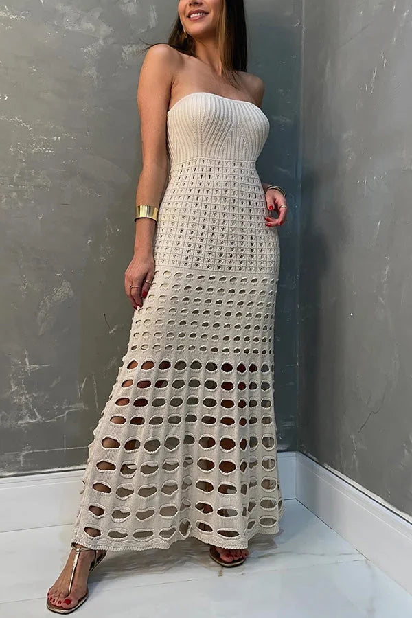 Khaki off-shoulder maxi dress with open knit design, perfect for warm weather.