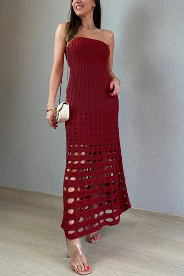 "Wine red off-shoulder maxi dress in open knit design, perfect for a stylish and sophisticated look."
