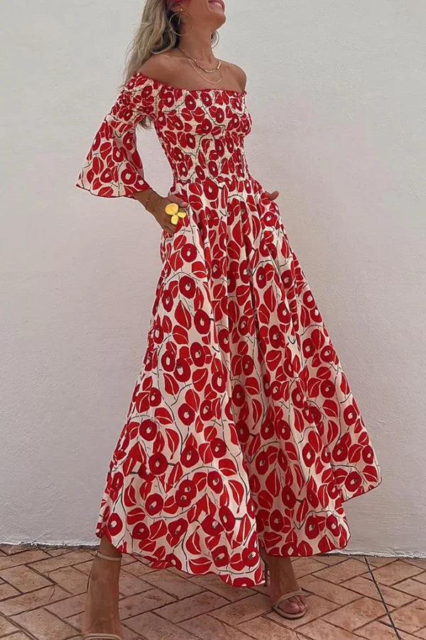 "Red floral maxi dress with off-shoulder design, featuring pockets for convenience, ideal for a chic and comfortable summer…