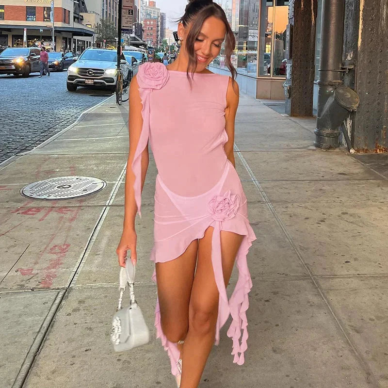 "Sleeveless mini dress for women with elegant ruffles, perfect for casual and semi-formal occasions."
