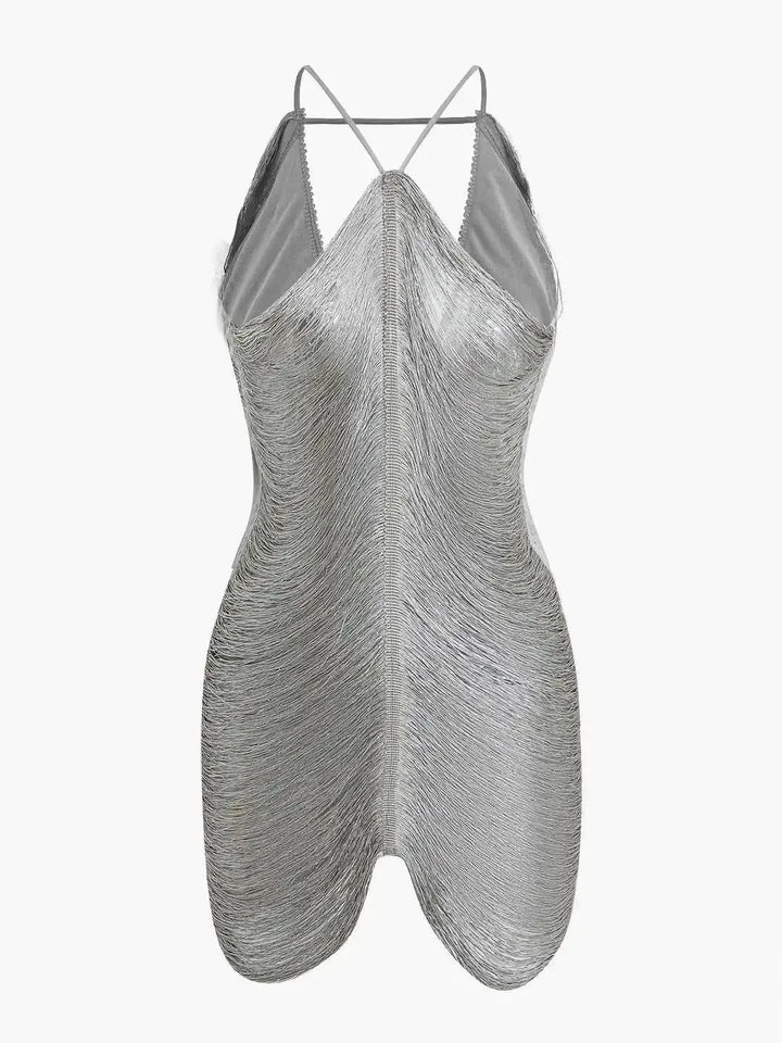 Silver metallic dress with an edgy asymmetric zip design by Talitha, perfect for adding a modern flair to your wardrobe.