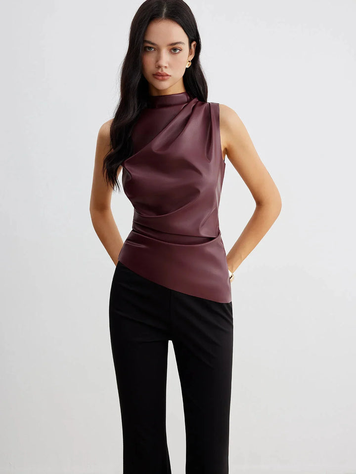 "Sleeveless satin top with gathered neckline in a soft and elegant design, perfect for any occasion."