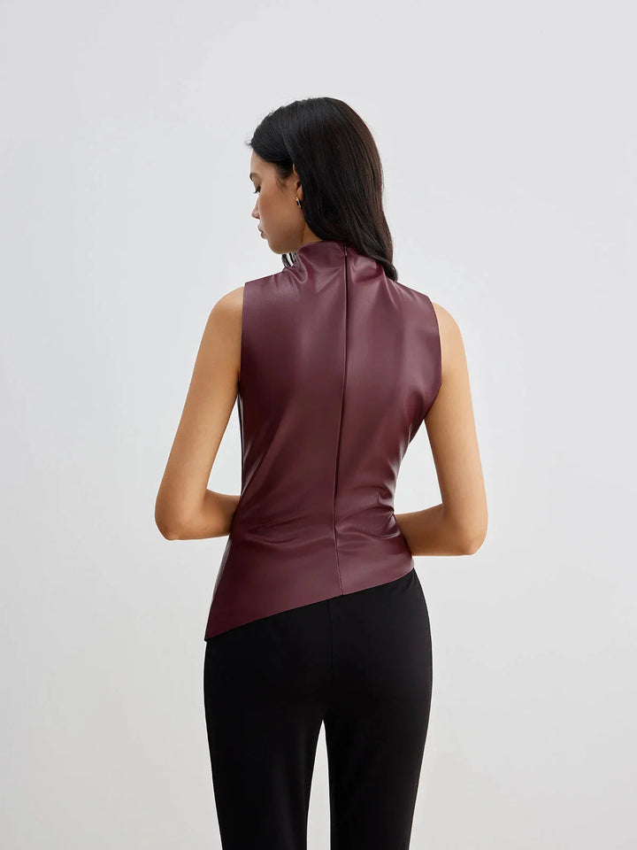 "Sleeveless satin top with gathered neckline in a sleek and stylish design, perfect for a sophisticated and chic look."