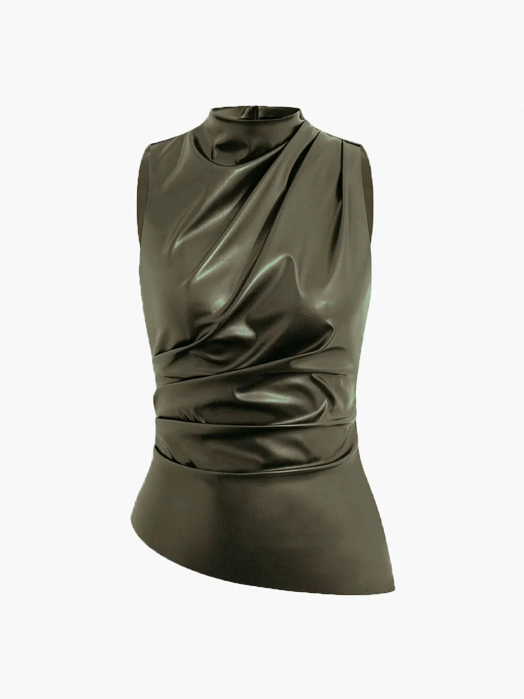 Sleeveless satin top in Armygreen with elegant gathered neckline, perfect for a chic and sophisticated look.