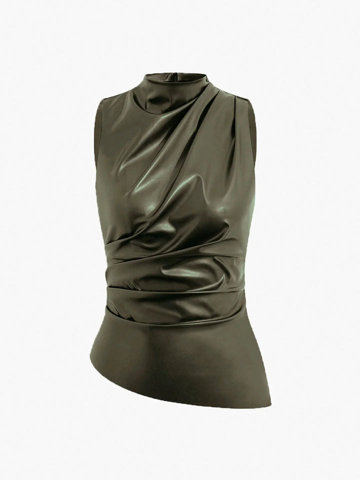 Sleeveless satin top in Armygreen with elegant gathered neckline, perfect for a chic and sophisticated look.