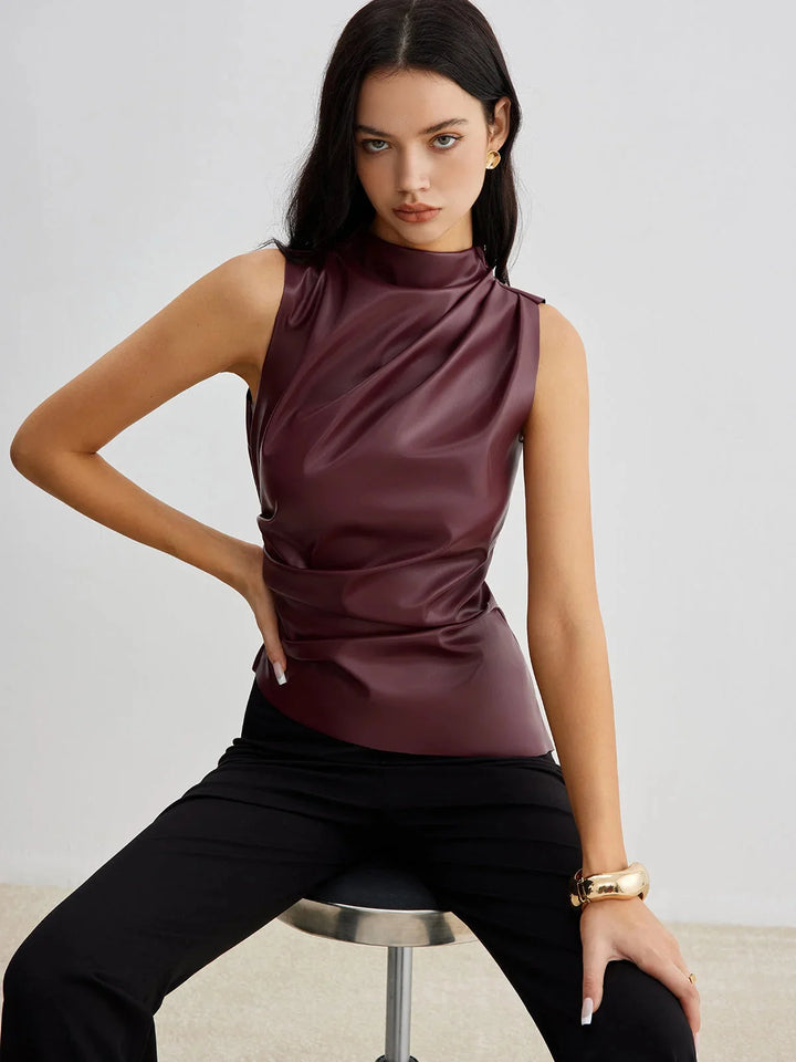 Burgundy satin sleeveless top with gathered neckline, elegant and sophisticated design for versatile styling.