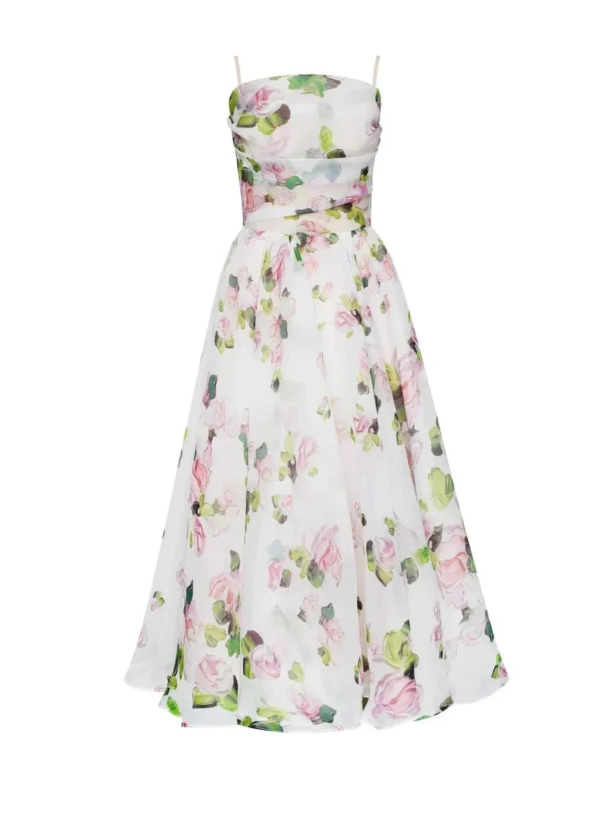 Strapless floral print midi dress with a smocked bodice and flowing silhouette in a breezy lightweight fabric.