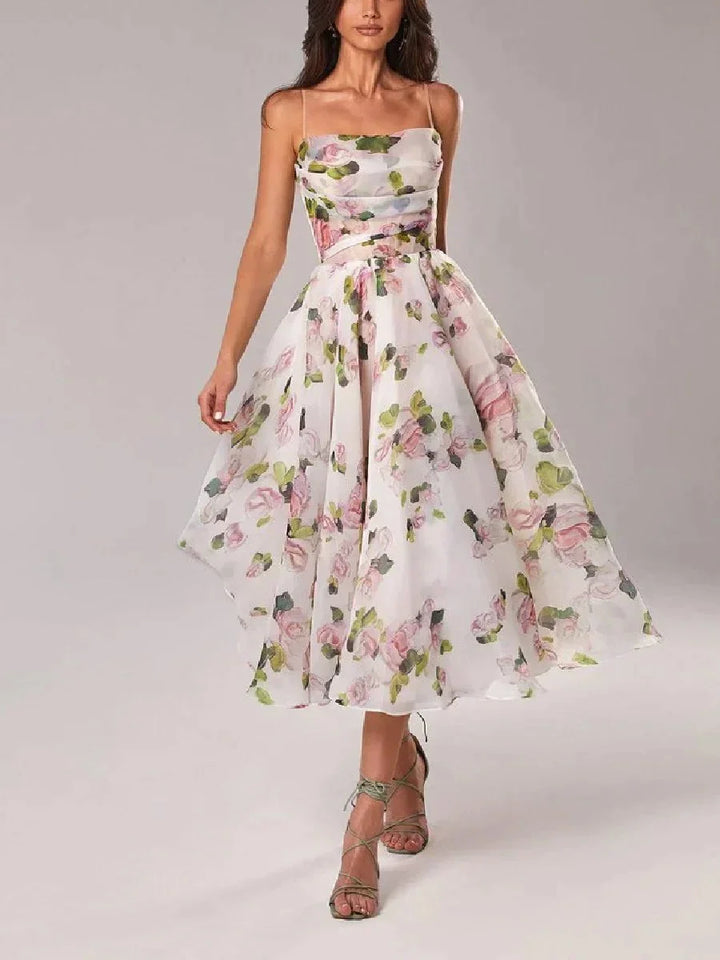 Strapless midi floral dress with a stylish print perfect for summer events, made from soft and breathable fabric.