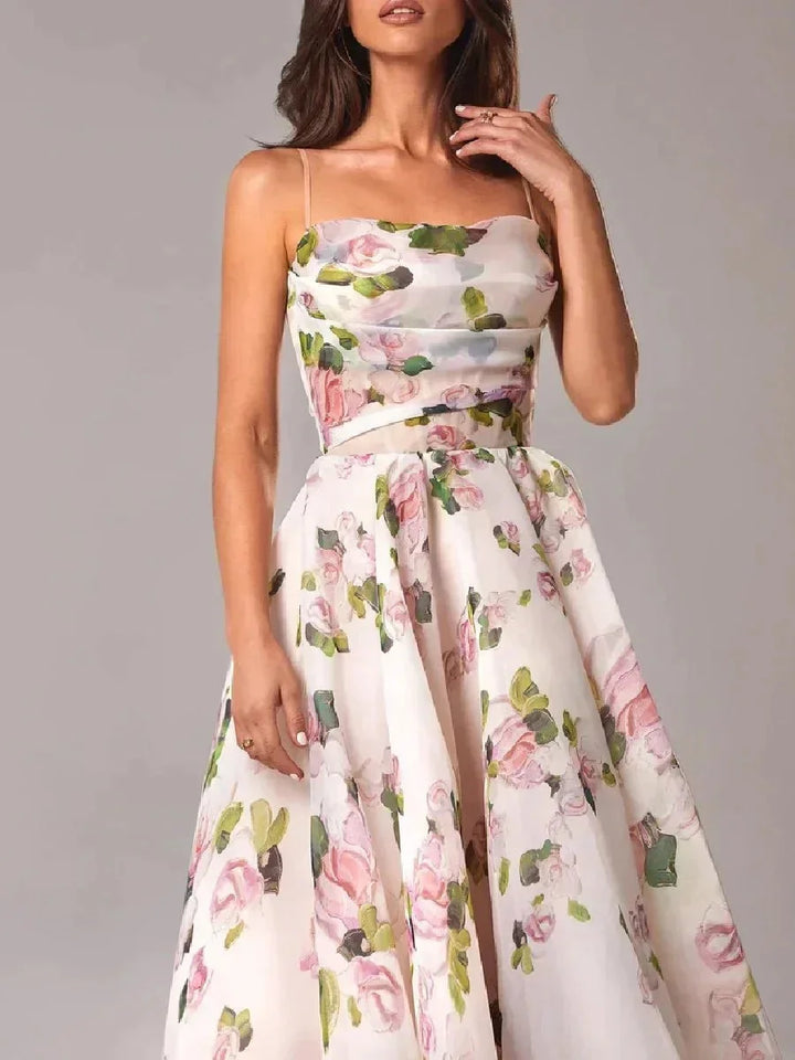Apricot strapless midi dress in floral print, perfect for summer events. Made from lightweight and breathable fabric.